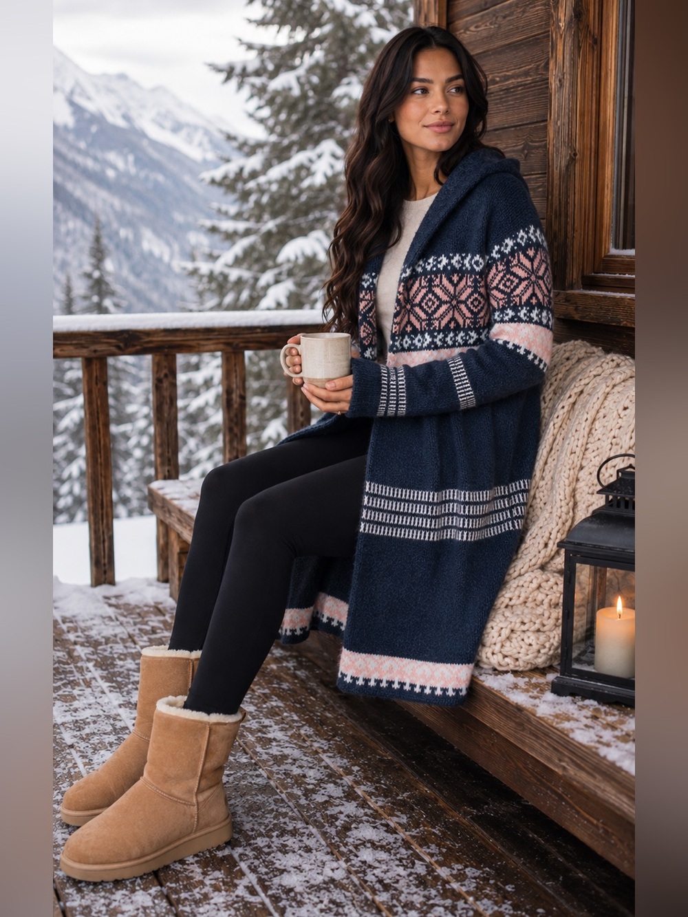 PAPA Vancouver | Fair Isle Hooded Maxi Cardigan | Navy Pink | Longline | L/XL